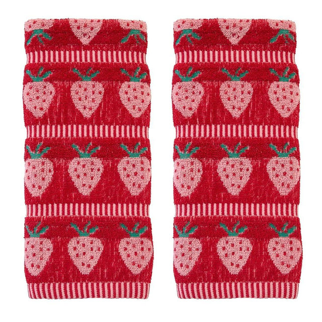 SKL Home Strawberry Jacquard 100% Cotton 2pc Hand Towel Set, Reversible & Decorative for Bath/Kitchen/Bar & Gift, Red