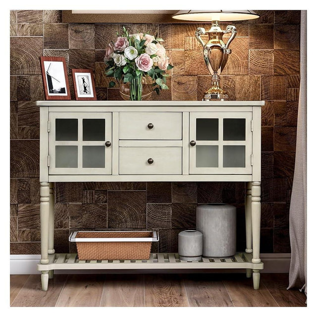 Sideboard Console Table with Bottom Shelf, Farmhouse Wood/Glass Buffet Storage Cabinet Living Room,for The Kitchen