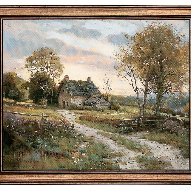 Gold Framed Vintage Wall Art Countryside Cottage Landscape Canvas Wall Art Print Kitchen Living Room Wall Decor (rural trail, 12" L x 9.5" W)