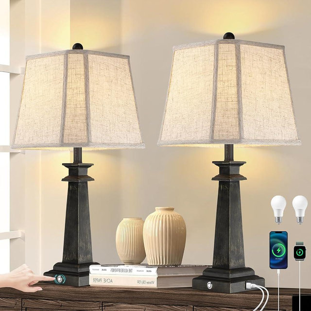 Hapcrea 27.5" Table Lamps Set of 2, 3-Way Dimmable Touch Lamps for Nightstand, Farmhouse Table Lamp for Living Room and Bedroom with USB A+C Charging Ports, Bulbs Included (Black)