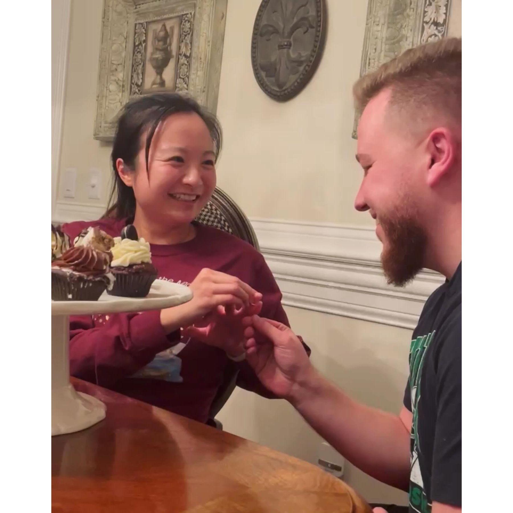 Nate surprised Amy by proposing in a cupcake at dinner! February 2024