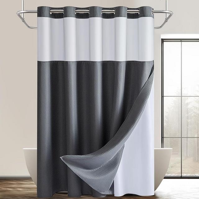 No Hooks Required Grey Long Shower Curtain with Snap in Fabric Liner Set,Waffle Weave Textured Double Heavy Shower Curtains with See Through Top for Bathroom,Hotel Grade,Spa Like Bath Curtain,71x75.