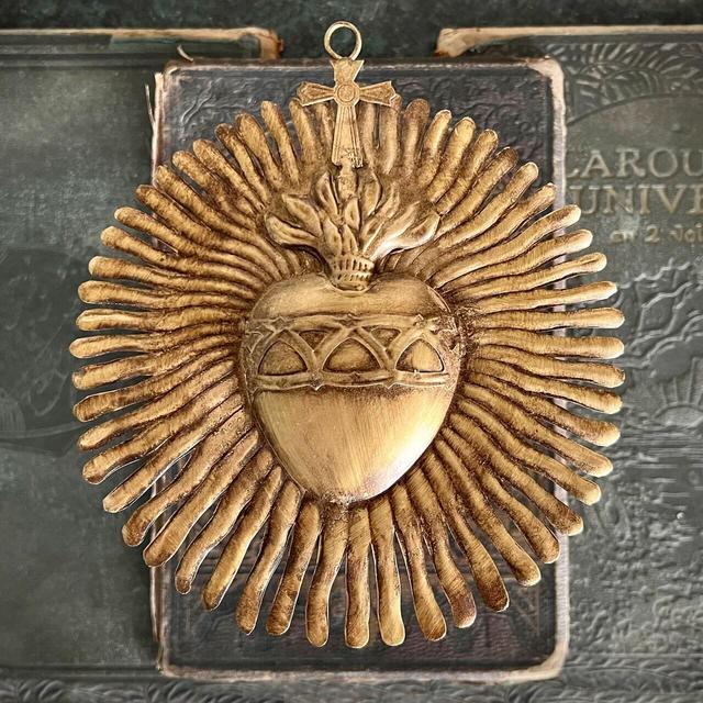 Sacred Heart, Crown of Thorns, Large Gold Heart Sunburst Flame, Catholic Heart, Wall Hanging