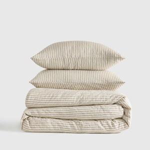 European Linen Duvet Cover Set - Queen, with Sham Set, Willowleaf/White Stripe