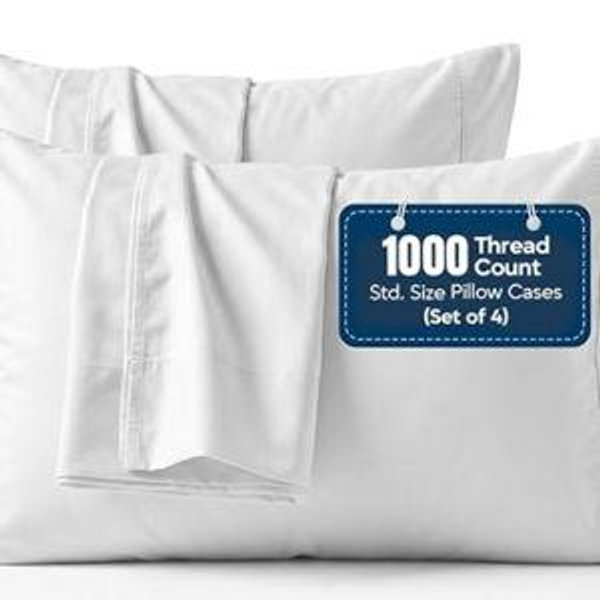 Hotel Collection Queen Pillow Cases Set of 4, 1000 TC Egyptian Cotton Pillow Covers, Ultra Soft Cooling Bed Bedding, White