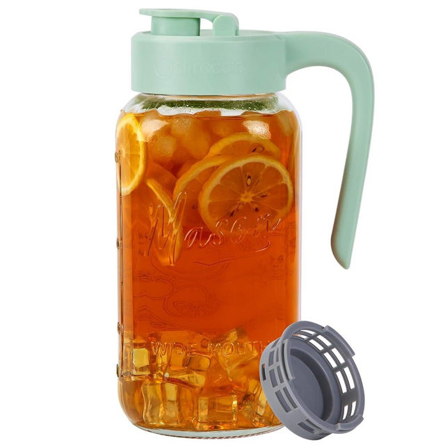 Spreccio Mason Jar Pitcher with Tea Filter, Airtight & Leakproof Glass Pitcher with Lid, 64 oz Sun Tea Glass Jar for Outside, Perfect for Sun Tea, Lemonade, and iced Tea