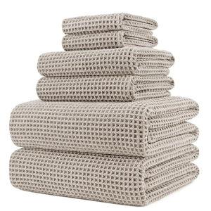 POLYTE 430 GSM Microfiber Quick Dry Lint Free Oversize Bath Towel Set, 6 Piece (Waffle Weave)