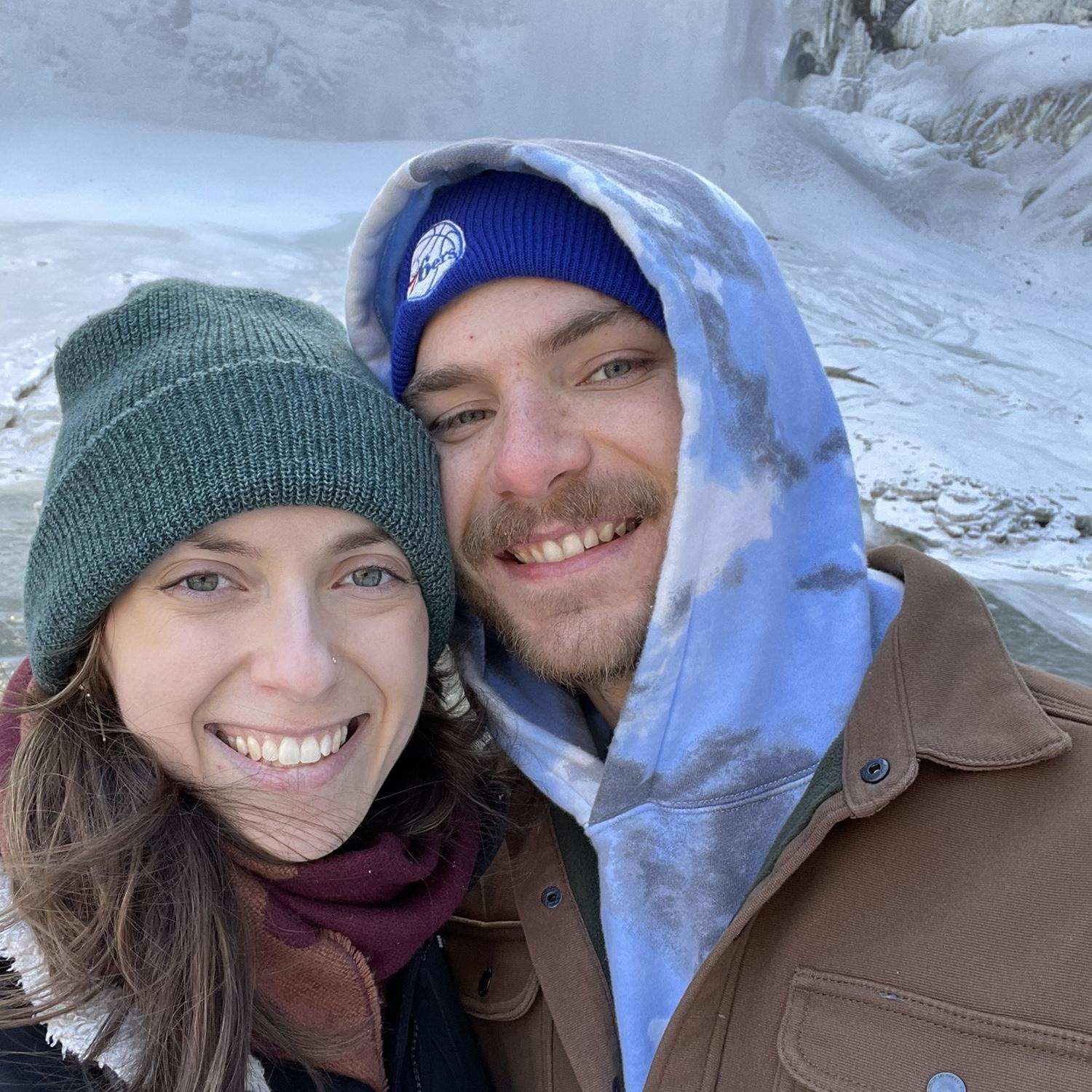Trying not to freeze at a waterfall in Ithaca, February 2022