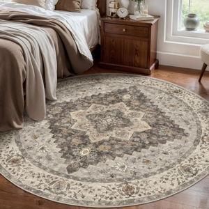 Tangsoo Vintage Round Rug 5ft, Washable Circle Rug, Non Slip Boho Round Area Rug, Low Pile Circular Rugs, Round Carpet for Bedroom,Livingroom,Nursery,Dorm,Office,Grey/Multi