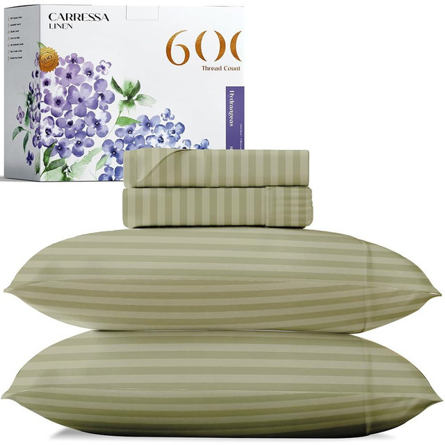 Carressa Linen Luxury Egyptian Cotton Queen Stripe Sheet Set - 600 Thread Count Extra Long Staple 4 PC Set, Herb Garden Queen Damask Sheets, Soft, Cooling Sateen Weave Sheets Upto 18 in Deep Pocket