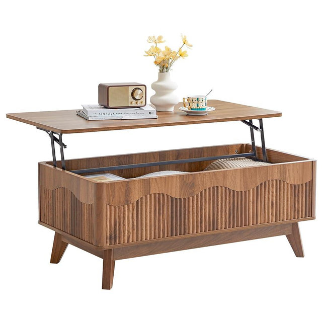 BERRYMERRY Lift Top Coffee Table with Hidden Storage, Farmhouse Fluted Coffee Table with Wave Profile, Rising Top Rectangular Center Table for Living Room (Walnut)