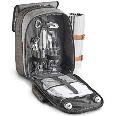 VonShef 2 Person Premium Picnic Outdoor Backpack Bag with Blanket – Woven Grey Waterproof Finish, Includes 17 Piece Dining Set and Insulated Cooler Compartment to Keep Food Chilled