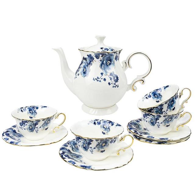 LE POTOCIO Bone China Tea Set for Adults, 13-Piece Blue and White Porcelain Tea Set for 4, Vintage Floral Tea Set With Teapot and Teaspoons, Tea Party Sets for Women Gift (Blue)