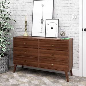 Prepac Milo Mid-Century Modern 6 Drawer Double Dresser for Bedroom, Wide Chest of Drawers, Contemporary Bedroom Furniture, 16.75" D x 52.50" W x 33" H, Cherry