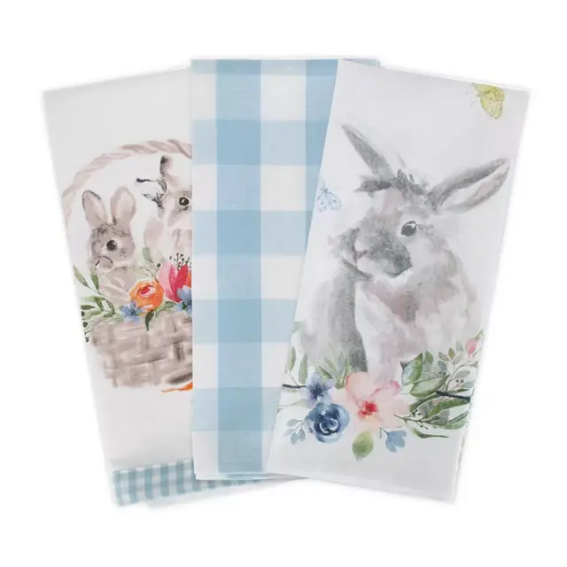 DII Cotton Floral Bunnies Reversible Kitchen Towel (Set of 3) in White/Light Blue