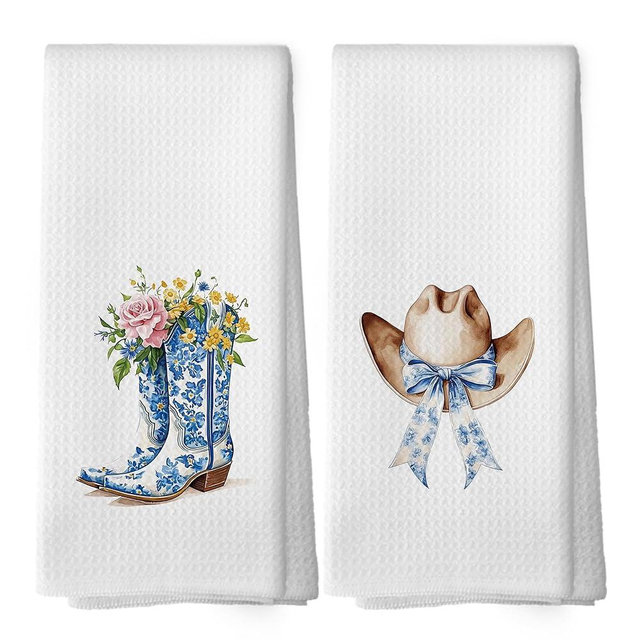 shiviody Chinoiserie Floral Cowgirls Kitchen Towels - Western Boots Hats Dish Towels, Blue and White Coquette Bow Decorative Absorbent Dishcloths Hand Towels for Bathroom Decor 16x24 Inches