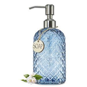 JASAI 18Oz Gem Patterned Glass Soap Dispenser for Kitchen and Bathroom, Refillable with Rust Proof Stainless Steel Pump (Blue)