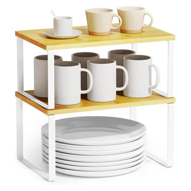 2-Pack Kitchen Cabinet Shelf Racks, Expandable Spice Rack for Pantry & Cupboard Storage, White & Natural -SpaceAid