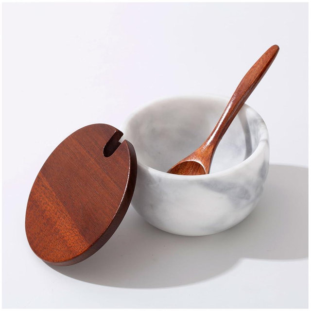 NHKRTE Marble Salt Cellar with Lid & Spoon, 11oz Salt and Pepper bowls, Handcrafted from Natural Marble, Smooth Inside (white bowl)