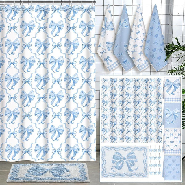 Fourluoo 18 Pcs Blue Bow Fabric Shower Curtain Set with 12 Decorative Shower Curtain Hooks Blue Bow Knot Bathroom Towels Coquette Non Slip Absorbent Microfiber Rug for Modern Aesthetic Bathroom