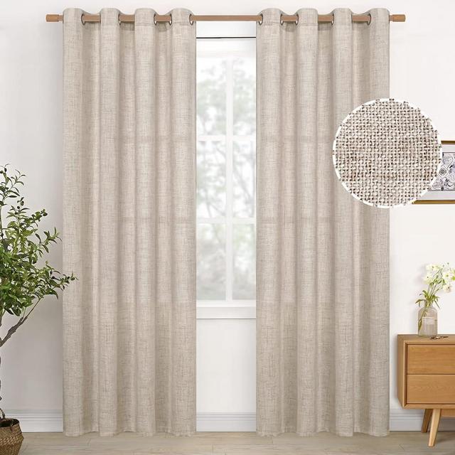 YoungsTex Natural Linen Curtains 84 Inch Length for Living Room Bronze Grommet Textured Farmhouse Window Drapes Light Filtering for Bedroom Dining, 2 Panels, 52 X 84 Inch