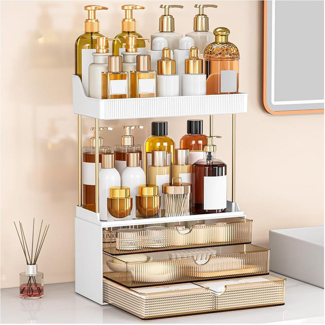 caktraie Bathroom Organizers and Storage - 3 Drawers 2 Tier Makeup Organizer, Cosmetic Storage Drawer for Dresser Countertop and Bathroom Vanity for Large Skincare, Perfume, Amber