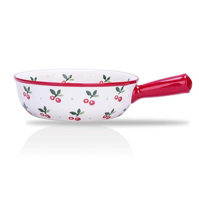 MDZF SWEET HOME Ceramic Baking Bowl with Handle French Onion Soup Bowl Roasting Lasagna Pan Round Bakeware Suitable for Oven, Cherry