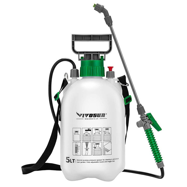 VIVOSUN 1.3 Gallon Pump Pressure Sprayer, 5L Pressurized Lawn & Garden Water Spray Bottle with 3 Water Nozzles, Adjustable Shoulder Strap, Pressure Relief Valve, for Plants and Cleaning