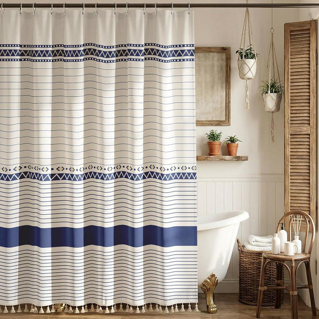 Blgiont Boho Farmhouse Shower Curtain with 12 Clear Rings, Rustic Fabric Faux Linen Shower Curtain Set with Tassels, Beige & Navy Blue Striped Shower Curtain for Bathroom 72" W x 72" L