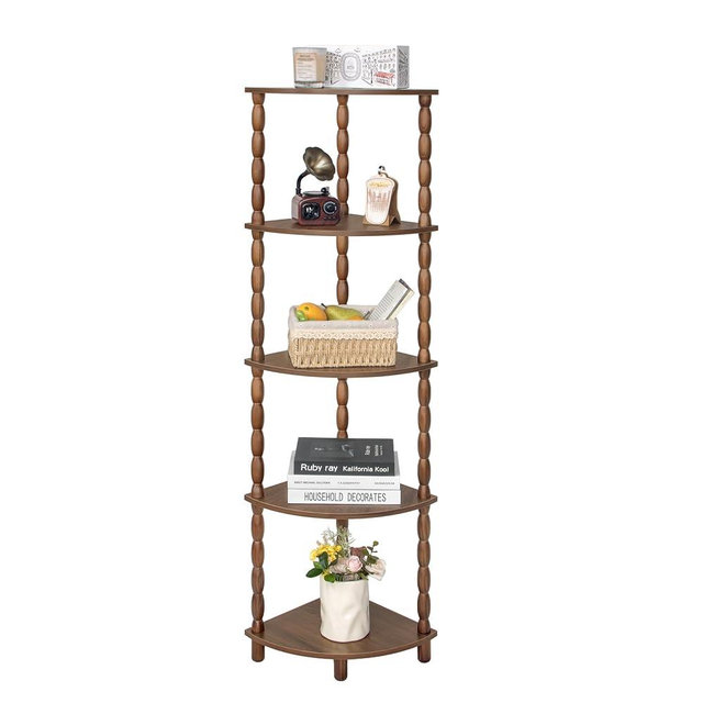 MaxSmeo Corner Shelf, 5-Tier Corner Bookshelf for Small Spaces, Vintage Corner Storage Display Shelves for Bedroom, Bathroom, Kitchen, Living Room (Walnut Brown)