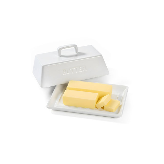 Kook Ceramic Extra Large Butter Dish with Lid, Embossed, White