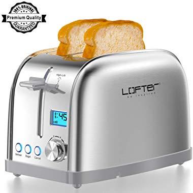 2 Slice Toaster, LOFTer Prime Rated Bagel Toasters with LCD Display, Full Stainless Steel Body Toaster with 7 Bread Settings, Bagel/Defrost/Reheat/Cancel Function, 1.6" Wide Slots, Removable Crumb Tray, 900W, Silver