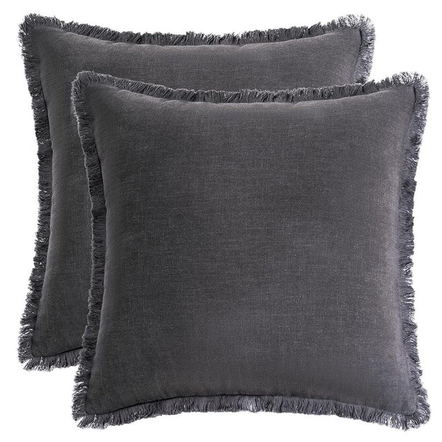 AmHoo Pack of 2 Linen Pillow Covers with Tassels Fringed Decorative Rustic Natural Throw Pillowcase Cushion for Couch Sofa Bedroom 16 x 16-Inch Dark Grey