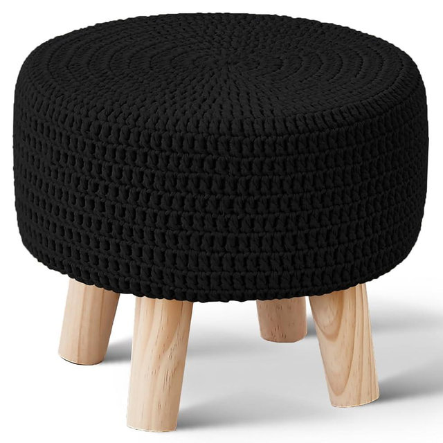 Wimarsbon Small Ottomans, 100% Hand Knitted Pouf Ottoman, Round Footrest with 4 Non-Skid Wood Legs, Boho Décor Cotton Rope Pouffe, Leisure Floor Step Chair for Living Room (Black)