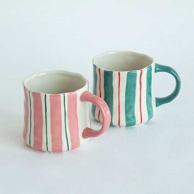 DELIGHTS GALORE Striped Ceramic Coffee Mugs Set - 2 Pack, Pink & Green，Perfect for Morning Brew or Tea and Cocoa - for Coffee Lovers