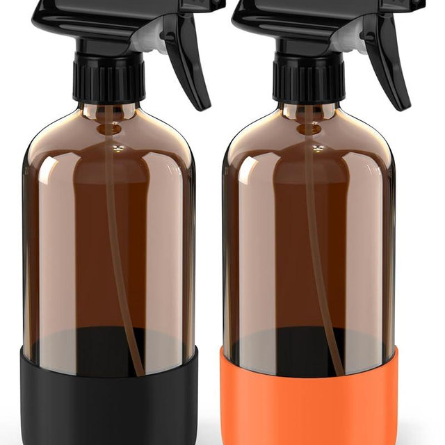 Bontip Glass Spray Bottle with Silicone Sleeve Protection, Amber Glass Spray Bottle Set for Non-toxic Window Cleaner Aromatherapy Facial Hydration Watering Flower Hair Care 2 Pack/16 oz (Black&Orange)