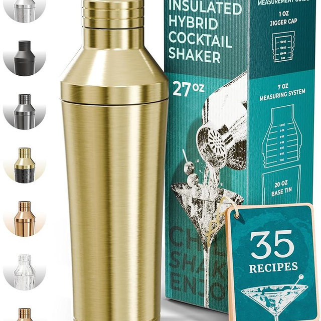 Insulated Cocktail Shaker Set | Double Wall Stainless Steel | Martini Shaker for Home Bar Bartending | Built-in Drink Measurement System & Strainer, Travel Bag, 35 Recipes | Gift Set (Gold)