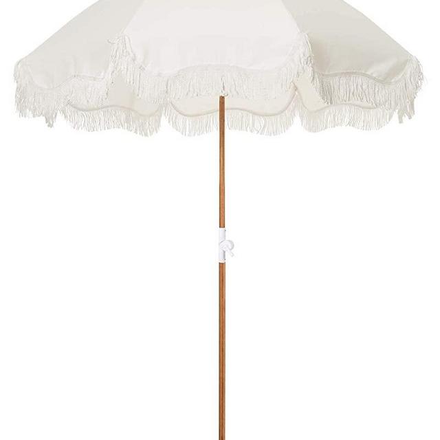 Business & Pleasure Co. Holiday Umbrella - Bring Vacation Feeling to any Beach - Chic Prints & Cute Fringe - Sturdy, Premium Wood Pole - Easy to Use & Carry, UPF 50+, Antique White