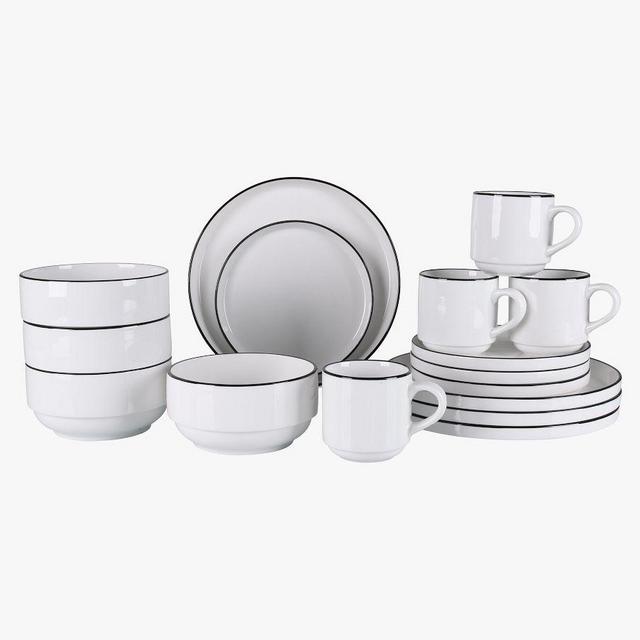 Bistro Porcelain Stackable 16-Piece Dinnerware Set - Black Rim