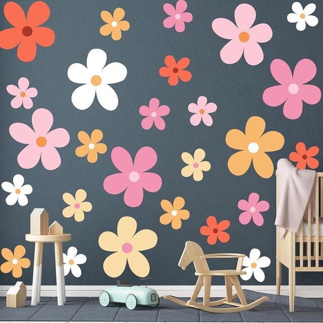 TaoBary 12 Sheet Daisy Wall Sticker Decal Removable Cute Daisy Bedroom Room Decor Flower Wall Sticker Pink White Flower Decal Wallpaper Peel and Stick for Nursery Home(Bright Color,Elegant Style)