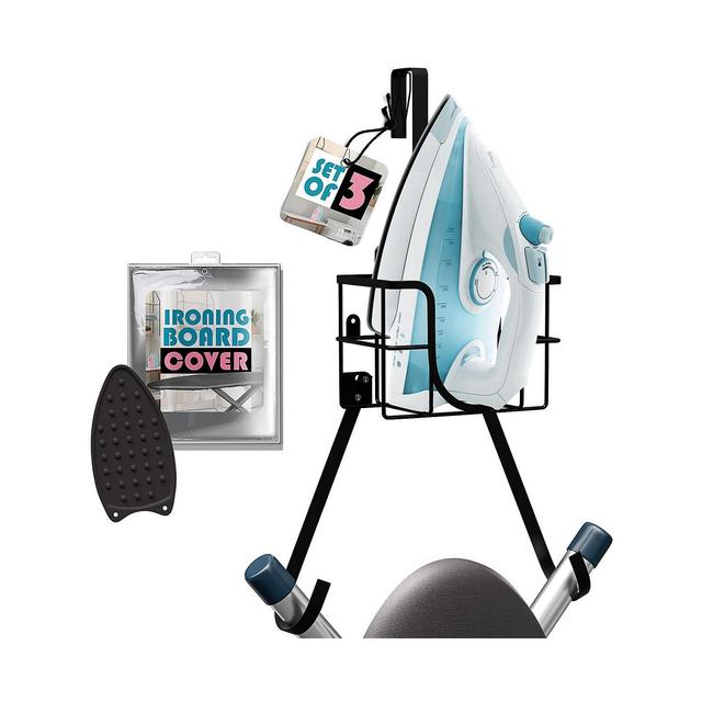 Clara Clark 3 Piece Ironing Organizer Set - Board & Iron Holder T&V Shaped Wall & Over The Door Mounted - Iron Rest - Ironing Board Cover