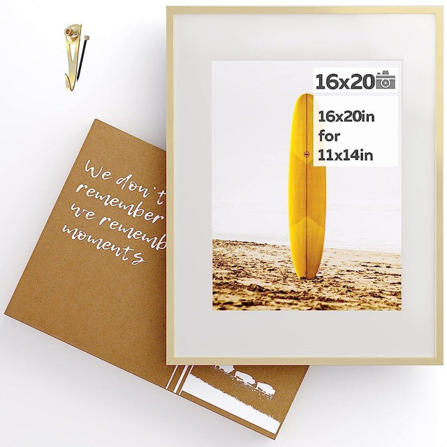 Homeforia 16x20 Gold Frame Matted to 11x14 - Metal 16 x 20 Picture Frames For Wall - Aluminum 16 by 20 Poster Frame - Tempered Glass - Wall Hook Included - Set of 1