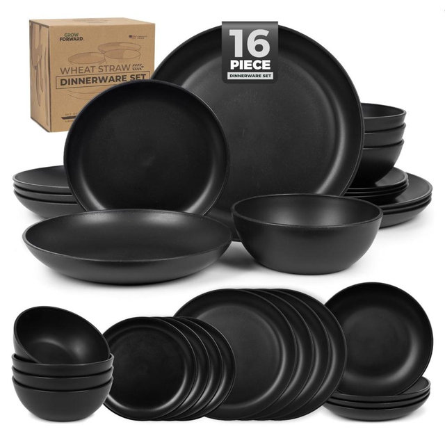 Grow Forward 16-piece Premium Wheat Straw Dinnerware Sets for 4 - Unbreakable Dishwasher & Microwave Safe Plastic Plates and Bowls Sets - Midnight