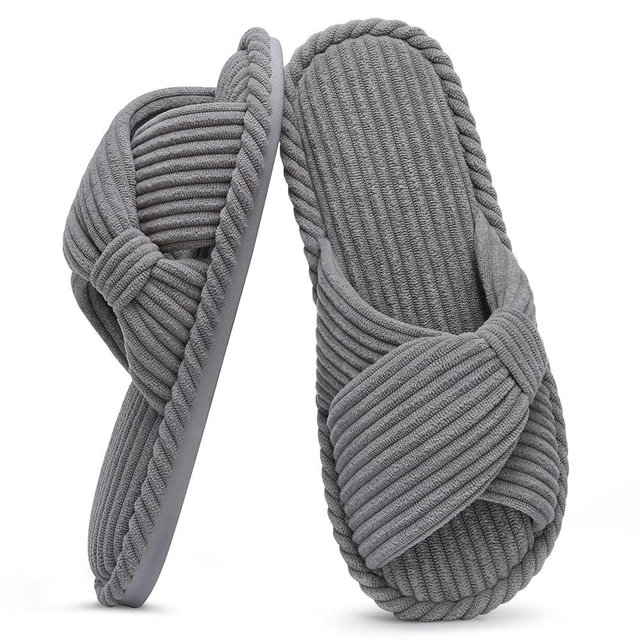 Evshine Fall House Slippers for Women Corduroy Cross Bow Indoor Slippers Open Toe Slip On Bedroom Shoes with Memory Foam