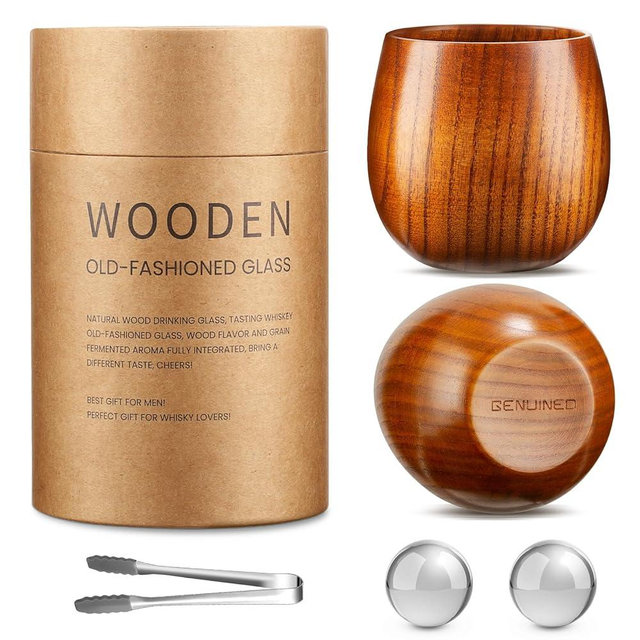 GENUINED Wooden Whiskey Glasses Set of 2, Handmade Old Fashioned Bourbon Drinking Glass, Great Bourbon Whiskey Gifts for Men, Dad, or Brother, Father's Day, Birthday Gifts(10oz)