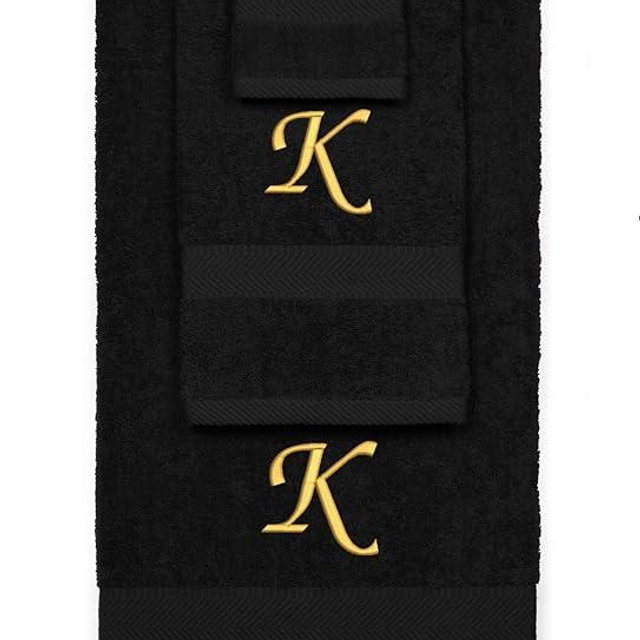 Custom Embroidered Terry Cotton Ring Spun Bath Towel, Hand Towel and Washcloth Set - Black Towel Set, Gold Chancery Initial K