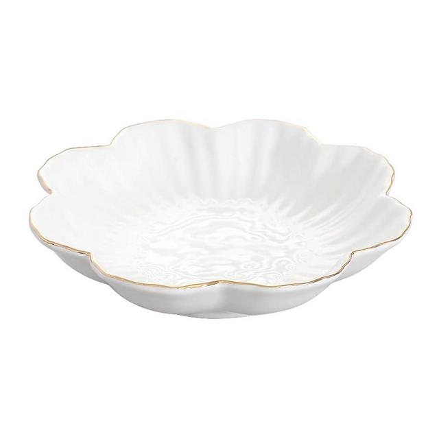 HOKMOKQOK Porcelain Serving Dish,Ceramics Flower Relish Tray with Metallic Rim,Serving Bowls for Wedding,Party Perfect for Small Cereal, Pasta, Salad, Candy and Snacks White 6.6 inch (9 inch)
