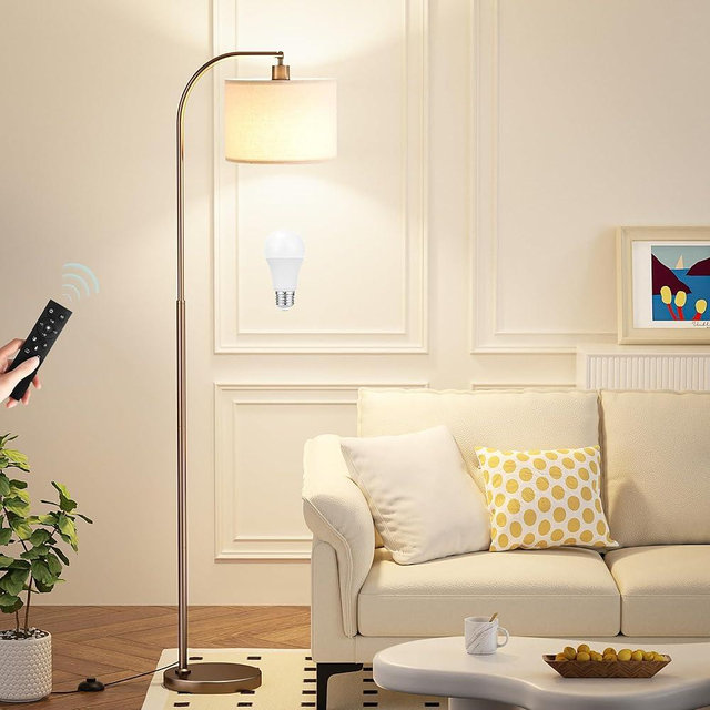 Ambimall Arc Floor Lamp with Remote and Stepless Dimmable Bulb, Colors Temperature & Brightness Adjustable, Brown Floor Lamps for Living Room（Deep Beige Shade & Brown Pole）