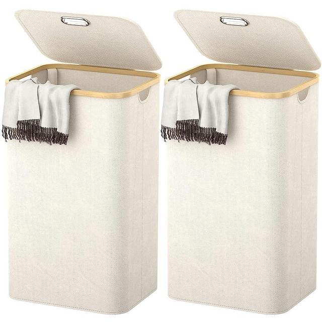 Homykic Laundry Hamper with Lid, 2-Pack 100L Each Tall Laundry Basket Collapsible with Bamboo Handles, Waterproof Large Laundry Bin Storage for Dorm, Bathroom, Bedroom, Clothing, Toys, Cream White