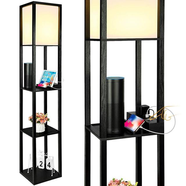 LED Shelf Floor Lamp with 2 Fast Charging USB Ports & Power Outlet, 3 Way Dimmable Touch Control Modern Standing Lamps with Shelves, 3-Tiered Narrow Nightstand Floor Light for Bedroom, Living Room